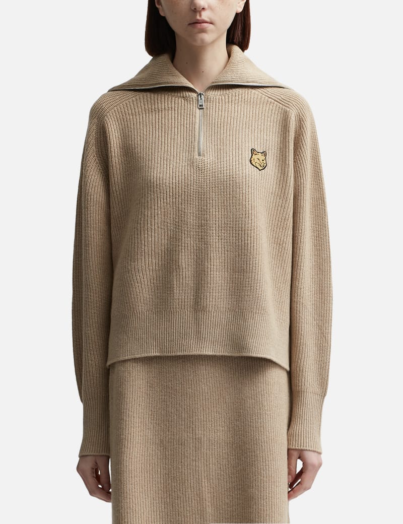 Maison Kitsuné - Bold Fox Head Patch Half Zip Ribbed Jumper | HBX -  Globally Curated Fashion and Lifestyle by Hypebeast