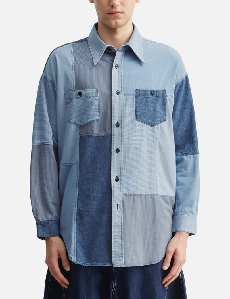 FDMTL Patchwork Shirt 3YR Wash - Indigo patchwork shirt with a
