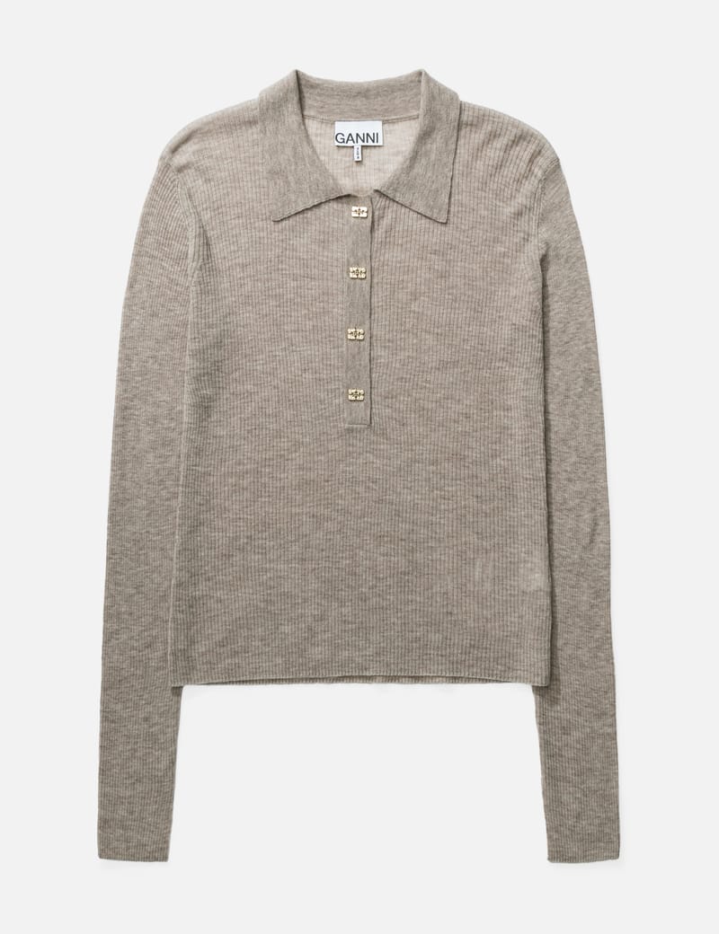 Ganni Polo Shirt In Sheer Wool - Lightweight wool polo with a