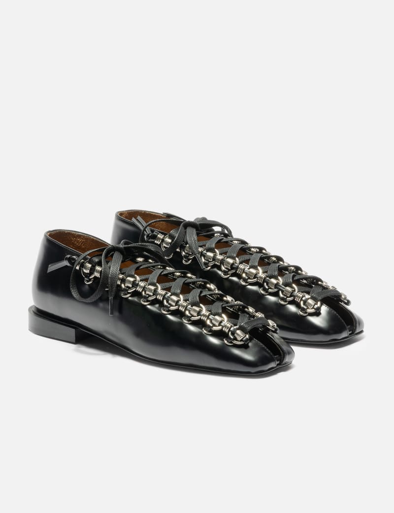 Toga Pulla Cross Strap Ballet - Black leather ballet flats with