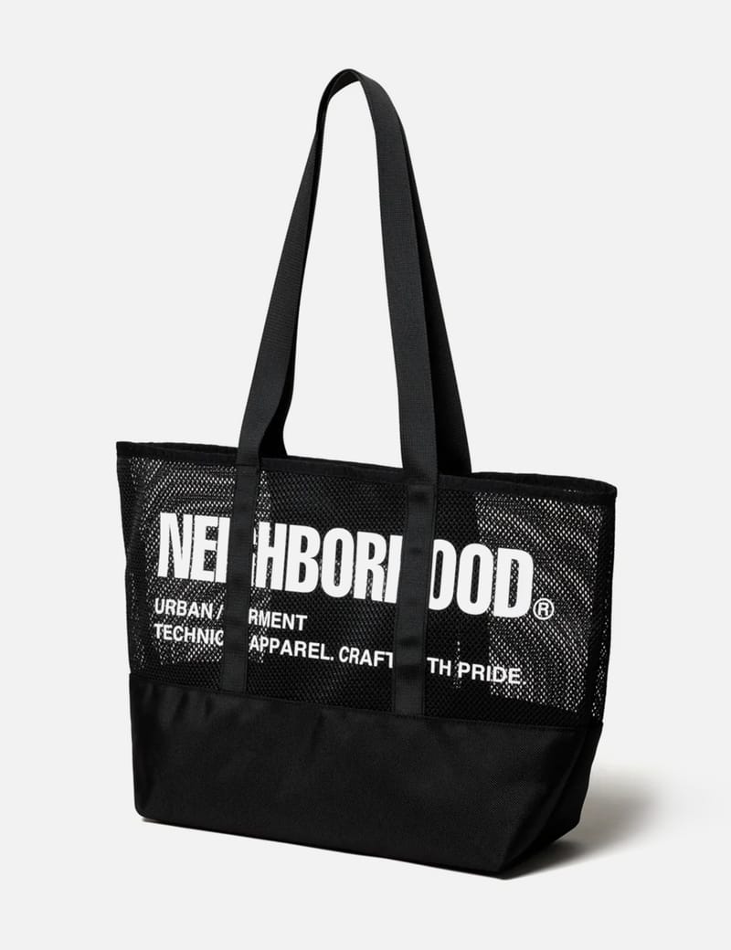 NEIGHBORHOOD Mesh Tote Bag - Lightweight black mesh tote with zip