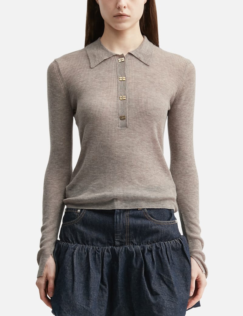Ganni Polo Shirt In Sheer Wool - Lightweight wool polo with a