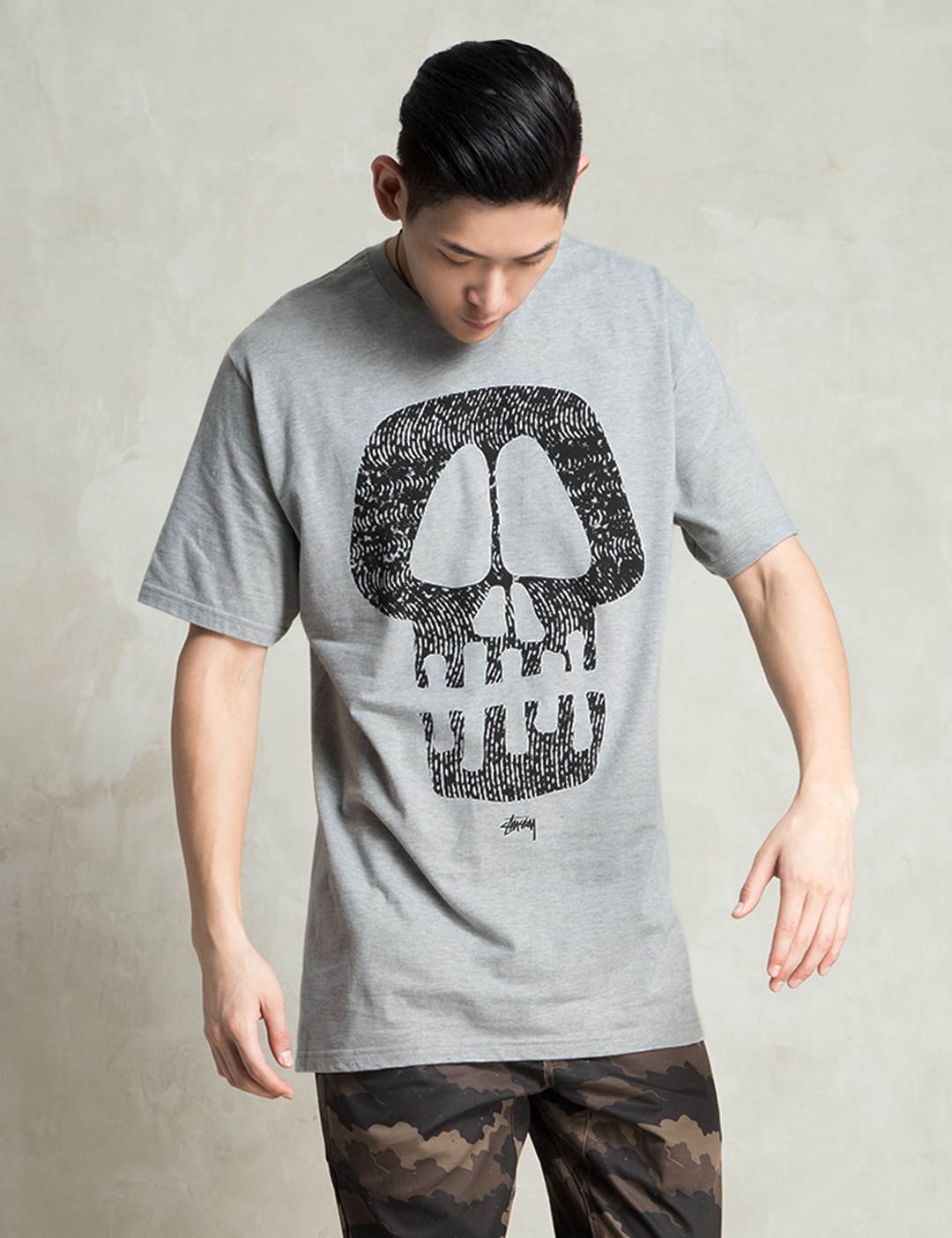 Stüssy - Grey Heather Static Skull T-Shirt | HBX - Globally Curated ...