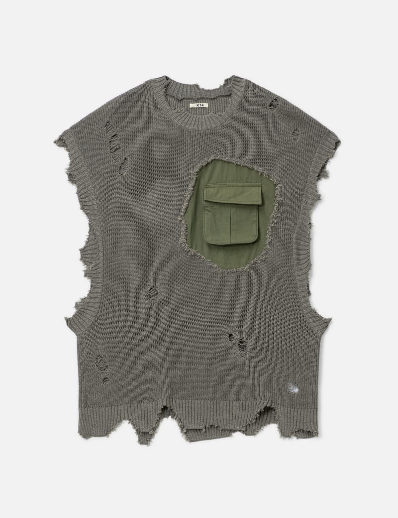 KHOKI Destroyed Knit Vest - ミリタリー風リップストップ×異素材