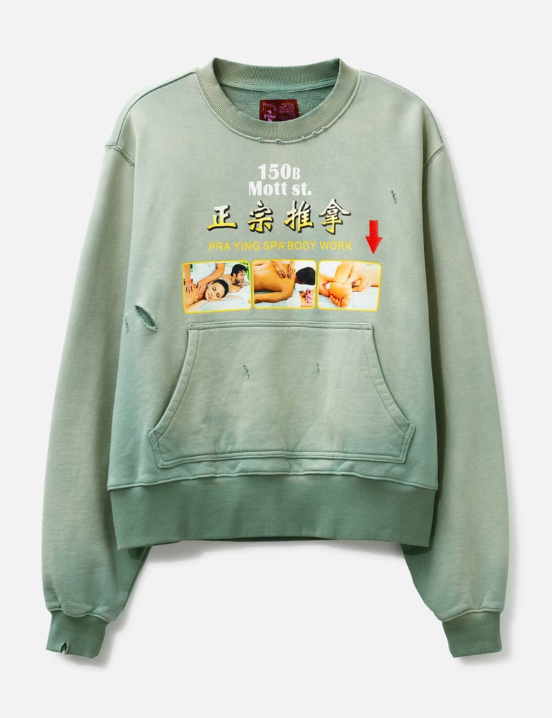 Praying Spa Crewneck - Edgy green cotton sweatshirt with