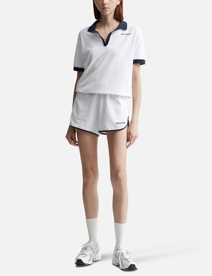 Sporty & Rich Serif Logo Mini Cable Polo in Dark Navy/White/Ruby
