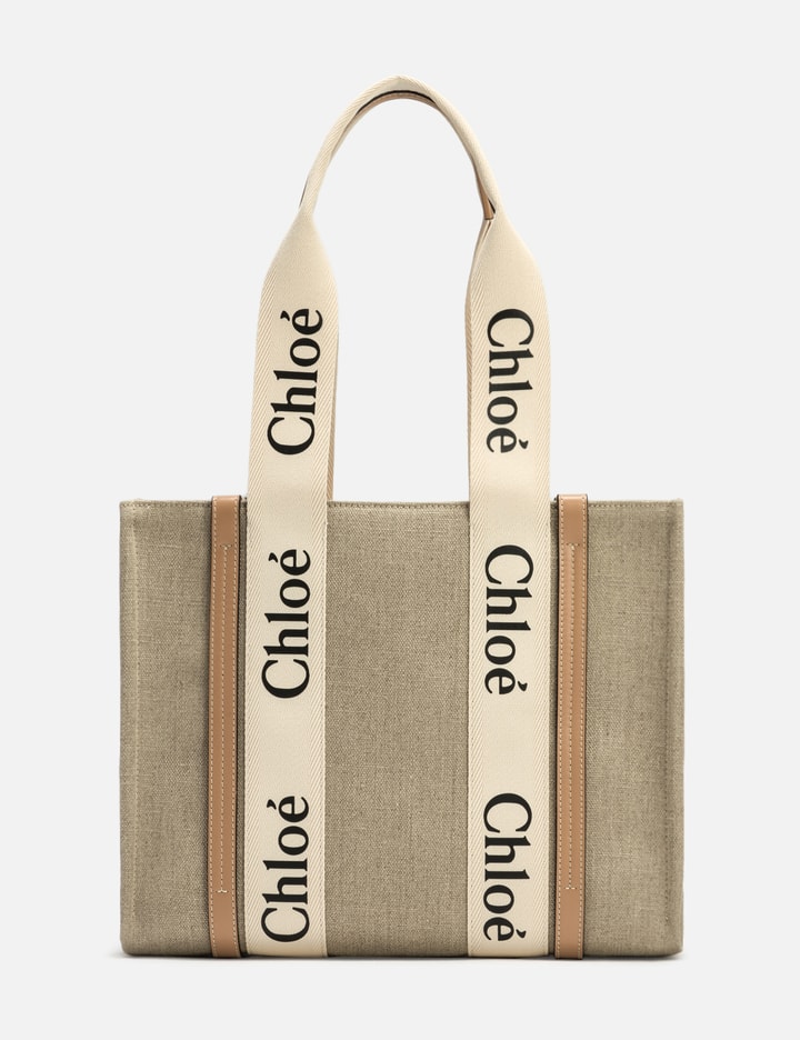 MEDIUM WOODY TOTE BAG 37 IN BEIGE LINEN CANVAS WEBBING BLACK LOGO EMBROIDER WHITE CALFSKIN
