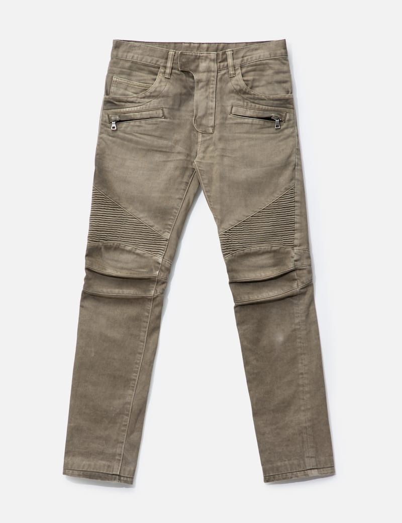 Balmain Biker Denim - Distressed blue biker jeans with oxidized