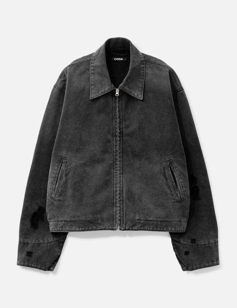 CODA Faded Black Damaged Canvas Crew Jacket - Distressed cotton