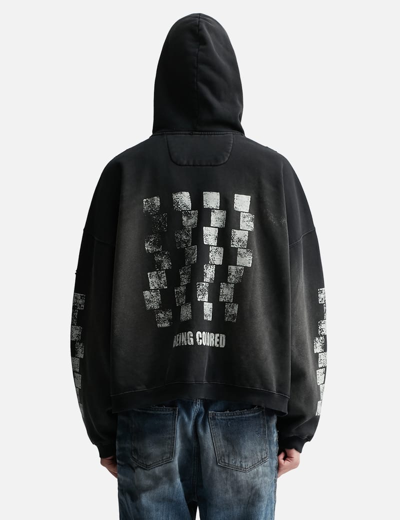 【Undermycar】25ss Vintage Poster Old Dyeing Zipped Hoodie Undermycar - Checkerboard Vintage Printing Brush Washed