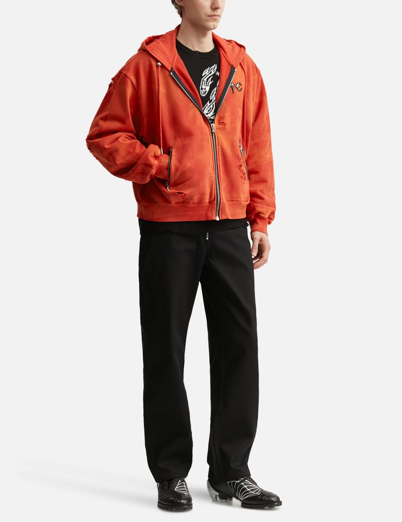 THUG CLUB Two Tone Washed Zip-Up Hoodie - Distressed two-tone zip