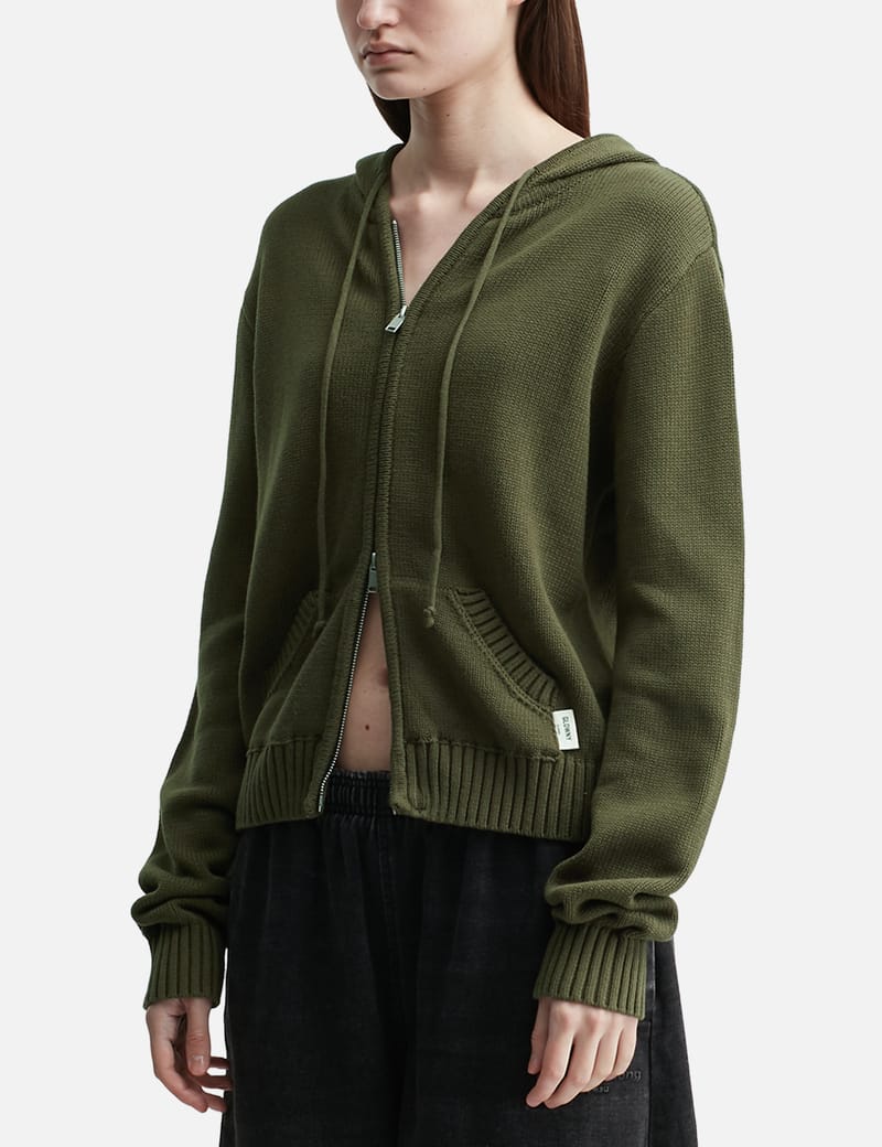Glowny G Classic Knit Zip Up - Khaki cotton zip-up hoodie with