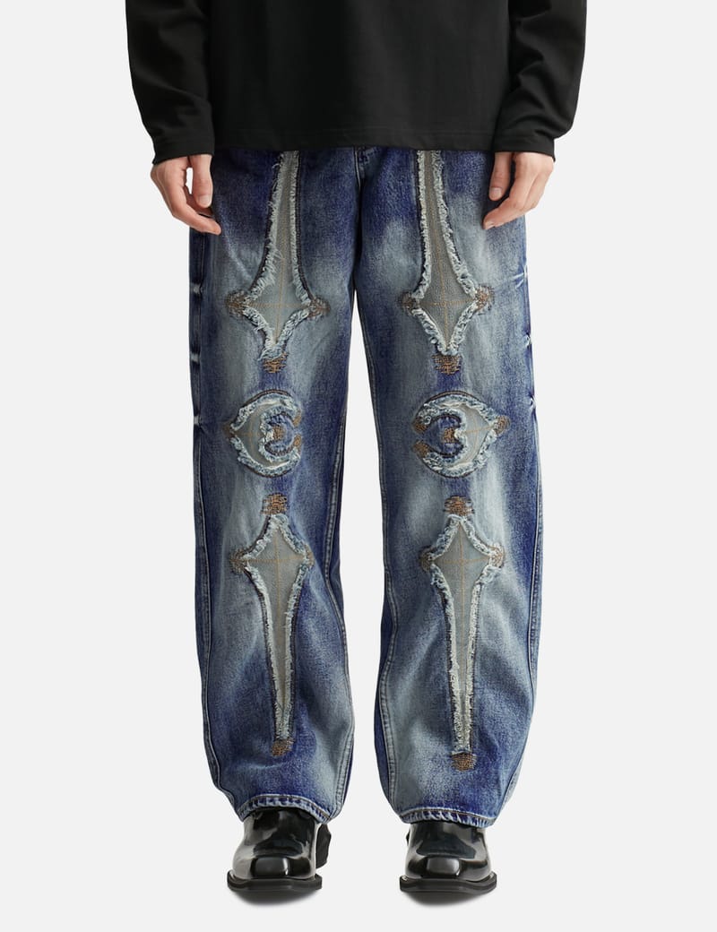 THUG CLUB TC Bone Leather Denim Pants - Washed blue denim with
