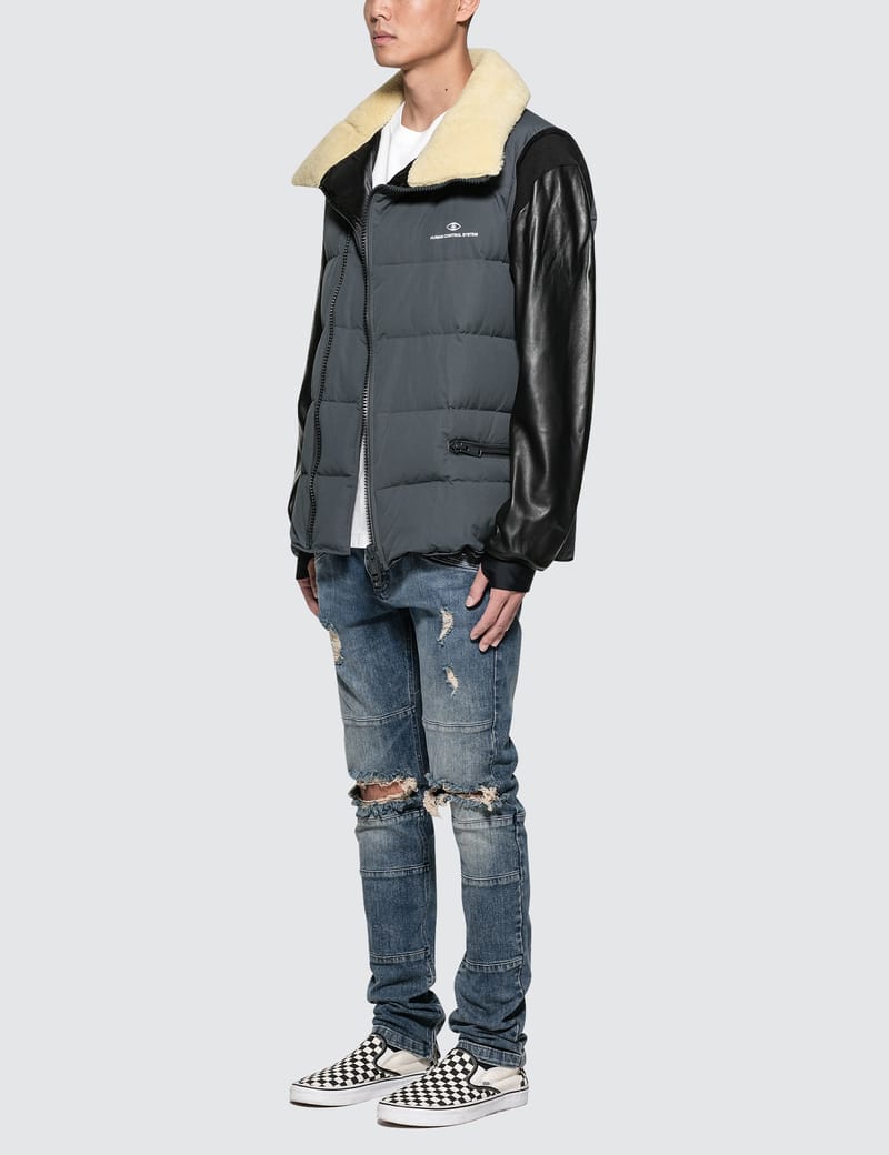Undercover - Puffer Jacket with Shearling Collar and Leather