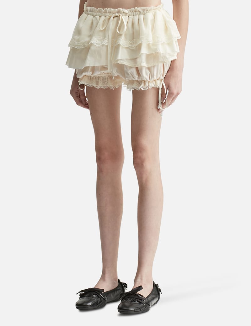 【GLOWNY】SCALLOPED LACE MINI SKORT グロウ二ー Glowny Scalloped Lace Mini Skort - Ivory layered chiffon & cotton
