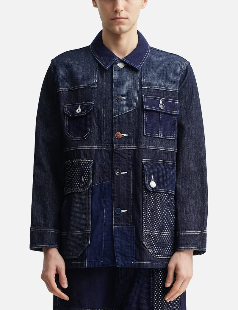 FDMTL Coverall Jacket Rinse - Indigo jacquard patchwork coverall
