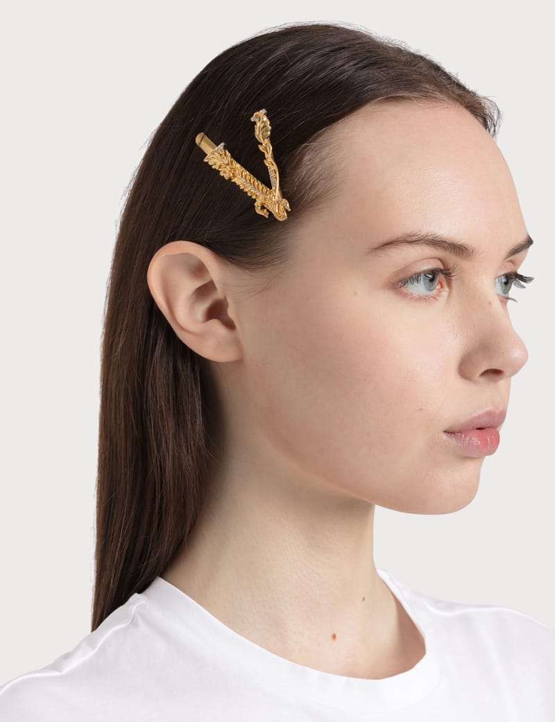 Versace hair clip ヴェルサーチヘアピン　ごー Gianni Ribbon Hair Clip Black | VERSACE US