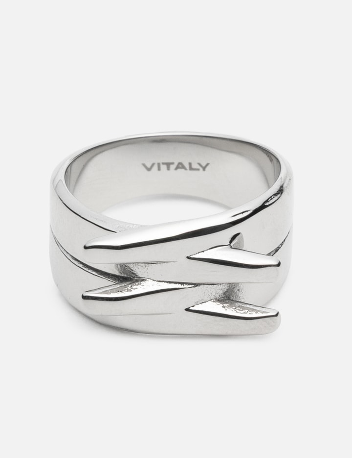 Vitaly Crosshatch - Recycled stainless steel wide band ring with carved ...