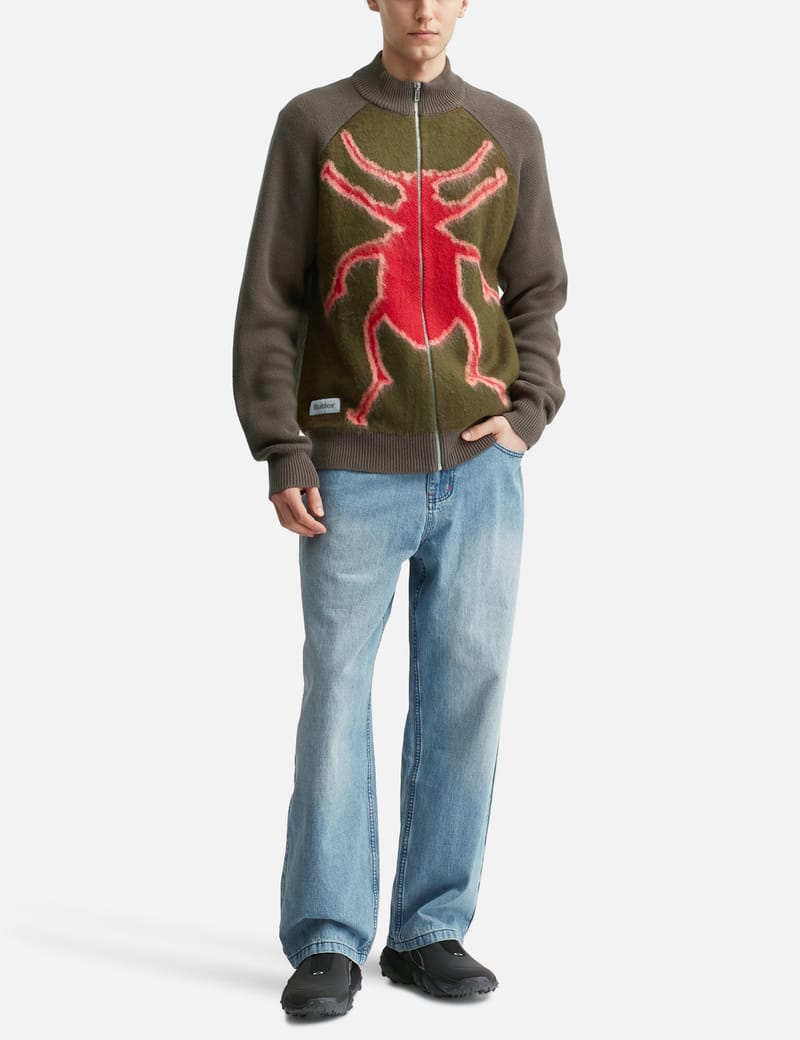 Butter Goods Beetle Zip-Thru Knit Sweater - Olive jacquard faux