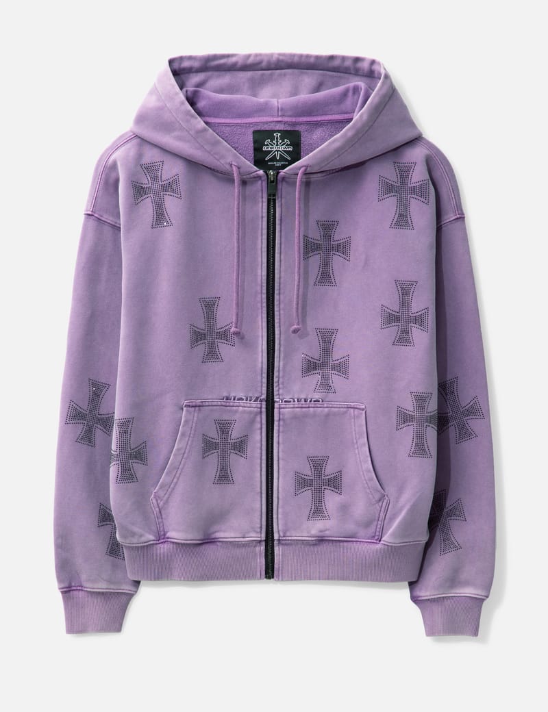 UNKNOWN - WASHED PURPLE BLACK RHINESTONE HOODIE | HBX