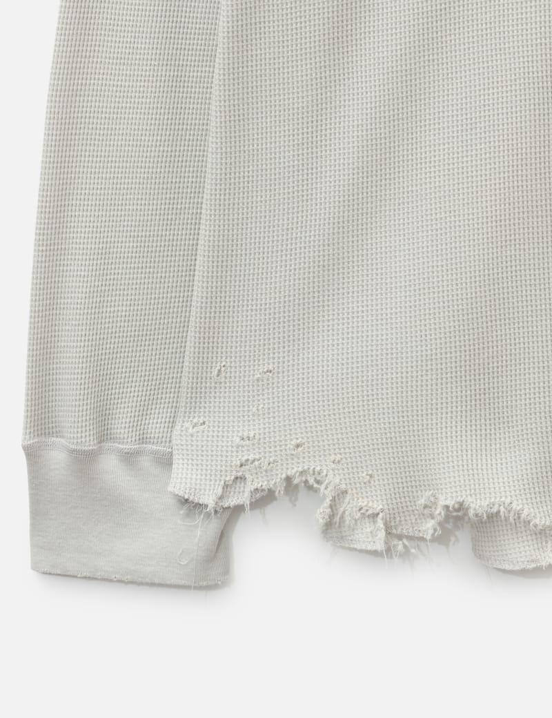 ANCELLM Damage Waffle Crew LS - Distressed cotton waffle-knit