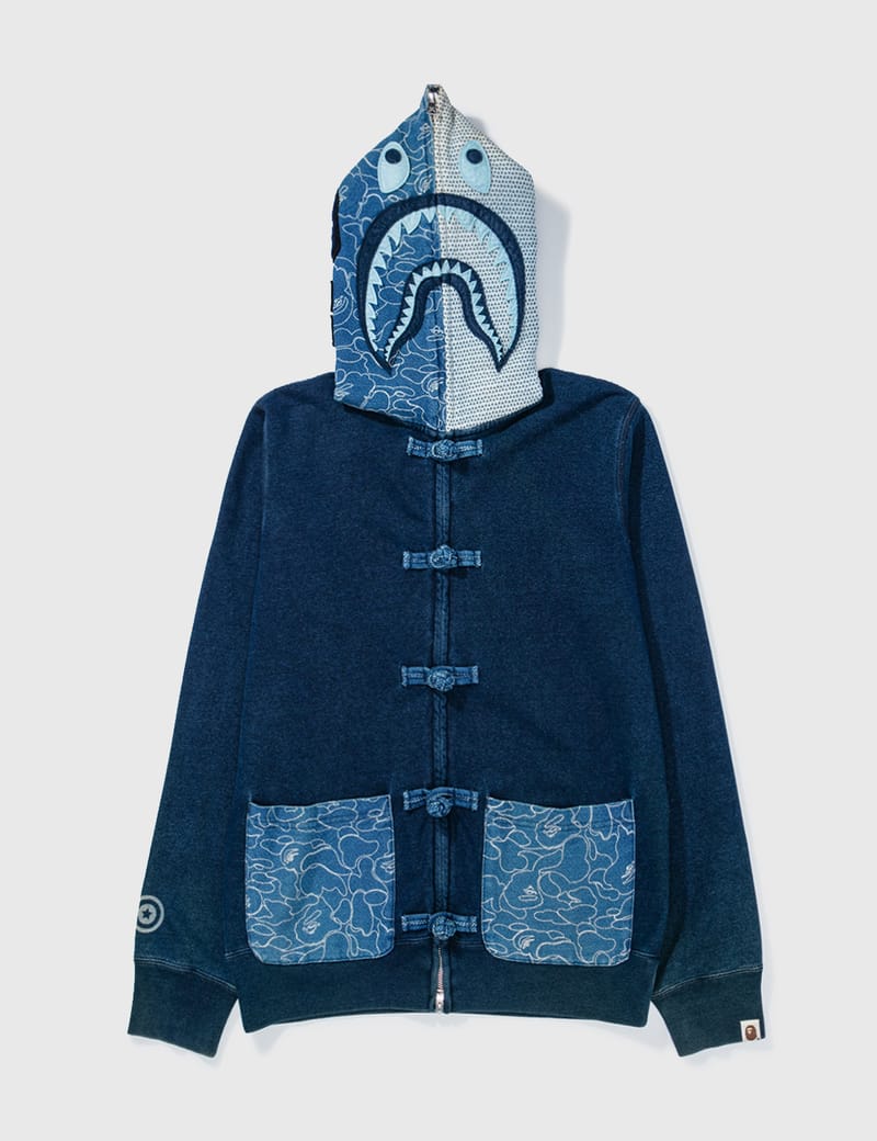 BAPE - A BATHING APE SHARK INDIGO ZIPUP WITH CHINESE BUTTONS | HBX