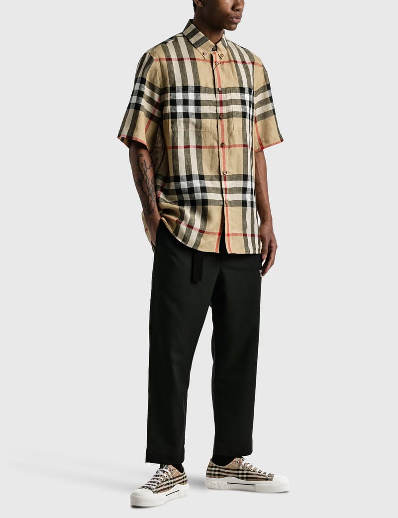 週末SALE＊Burberryチェック柄クロップドブラトップタンクトップL Cropped Check Linen Wool Trench Shirt in Pale slate blue/black