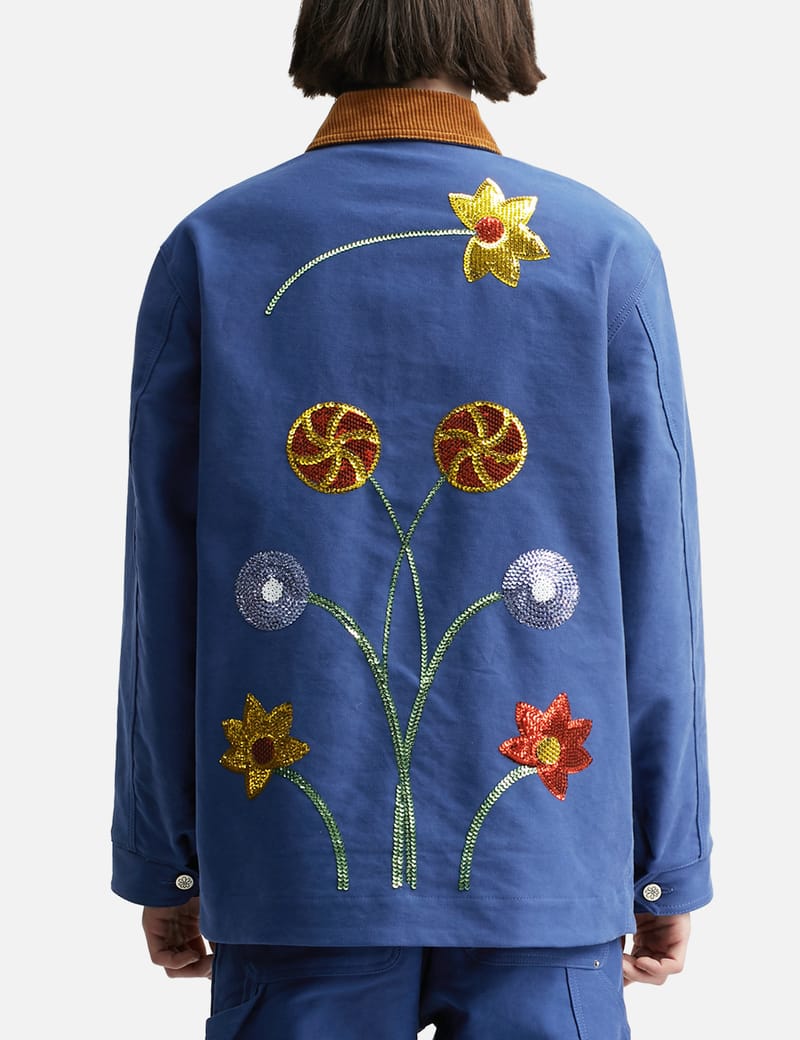 Sequin Embroidered Flowers Workwear Denim Chore Coat