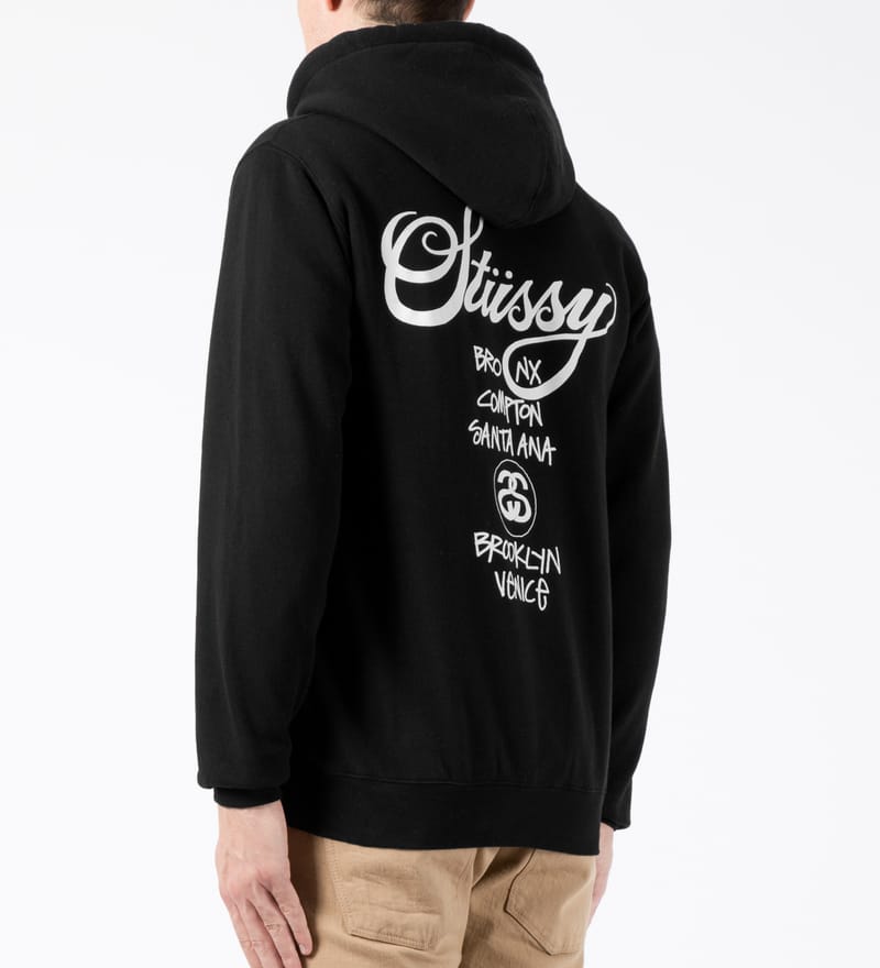 ★韓国の人気★【STUSSY】★WORLD TOUR ZIP HOODI.E★BLACK★ Stussy Stock Seoul Zip Hood Black 2024 Korea 100% Authentic