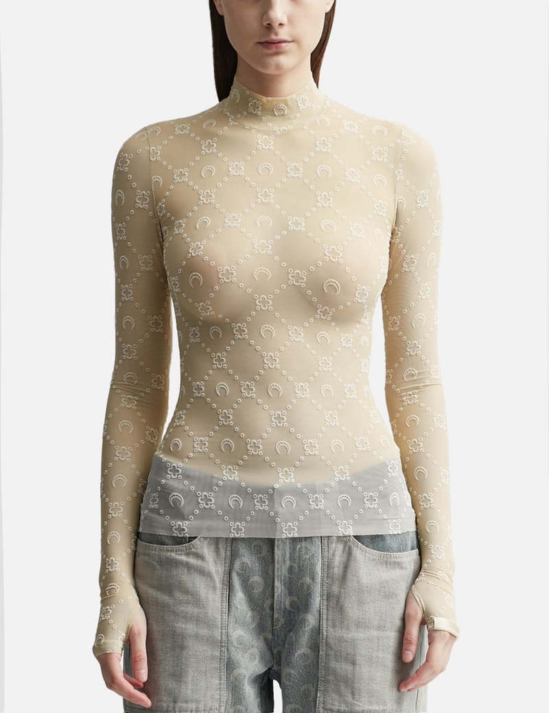 MARINE SERRE ベージュ Moonogram 長袖トップス Marine Serre - Moonogram Mesh Flock High Neck Top | HBX