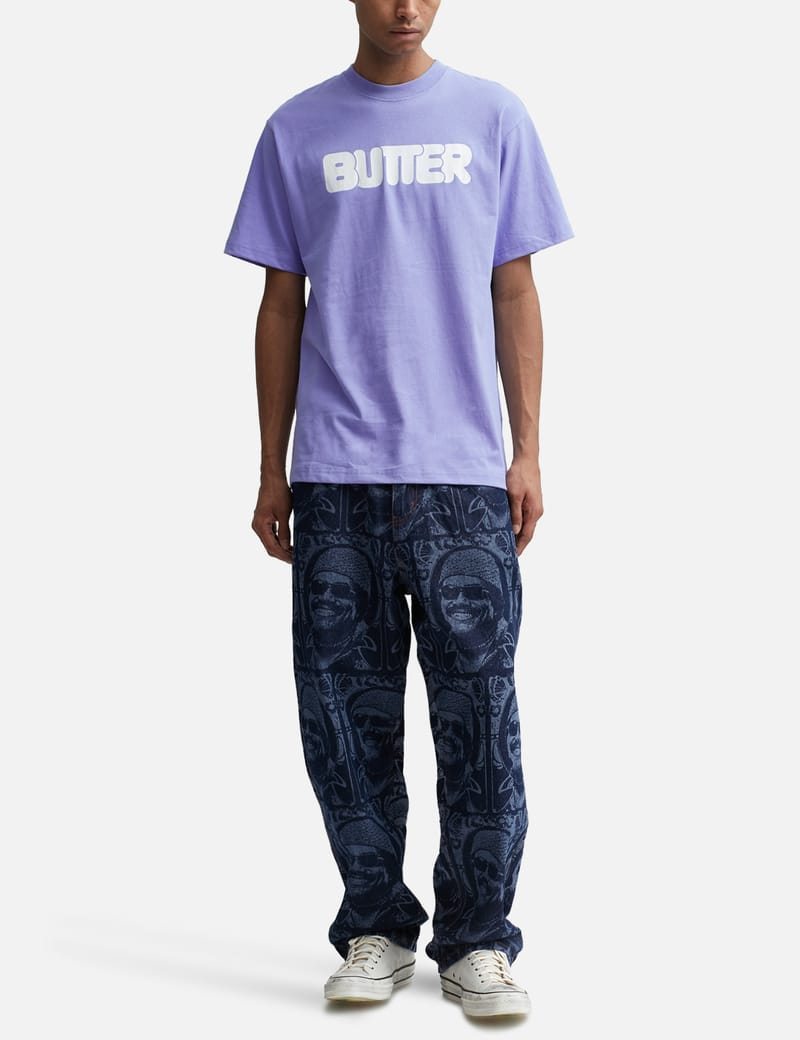 【BUTTER GOODS】 Rounded Logo Tee Denim Butter Goods - Rounded Logo T-shirt | HBX - Globally Curated