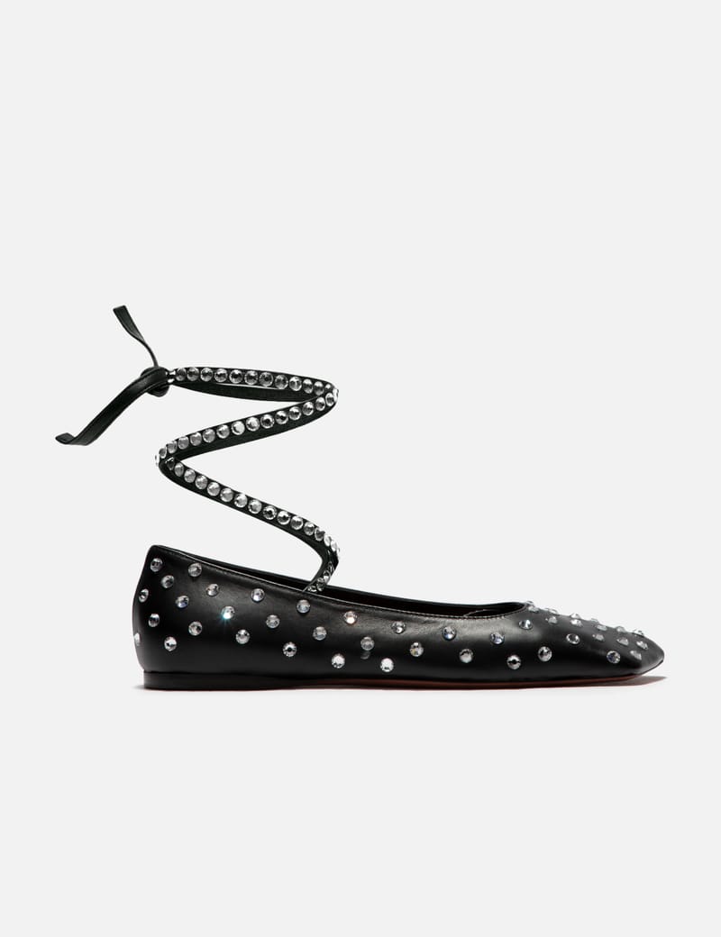 SS25 AMINA MUADDI◆アレクサ クリスタル エンベル Amina Muaddi - Ane Crystal Lace Up Flat Black Nappa | HBX