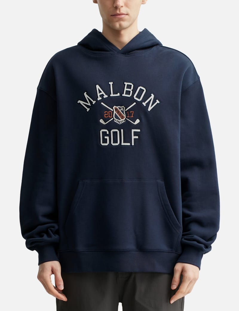 Malbon Golf FESQUE Crest Hoodie - Relaxed navy cotton hoodie with