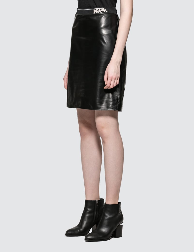 Prada - Leather Pencil Skirt with Prada Logo | HBX