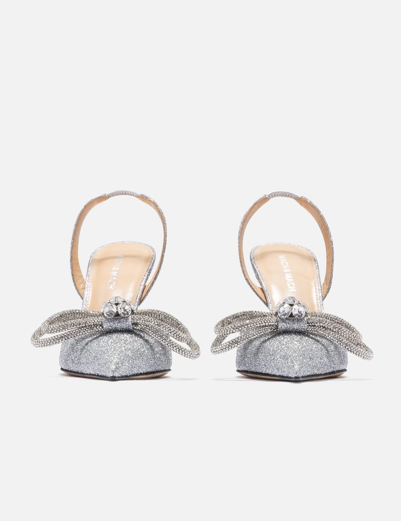 Mach & Mach - Double Bow Silver Glitter Slingback Heels