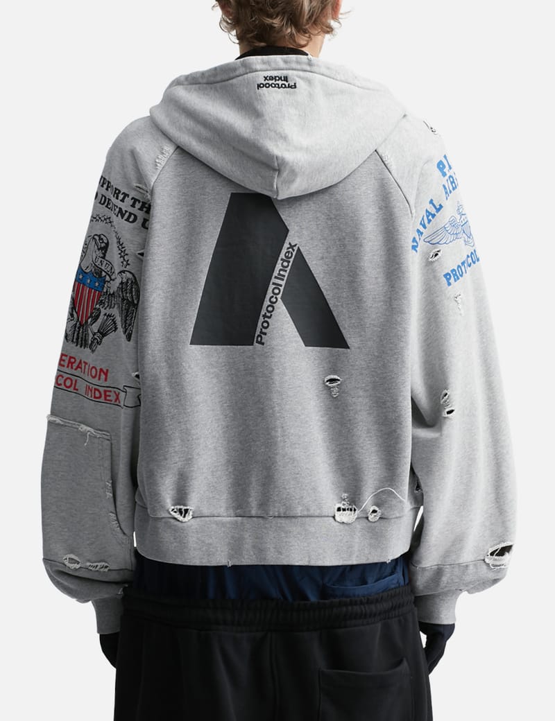 Protocol index ZIPフーディ Protocol-Index Reconstructed Zip Hoodie - Distressed cotton zip