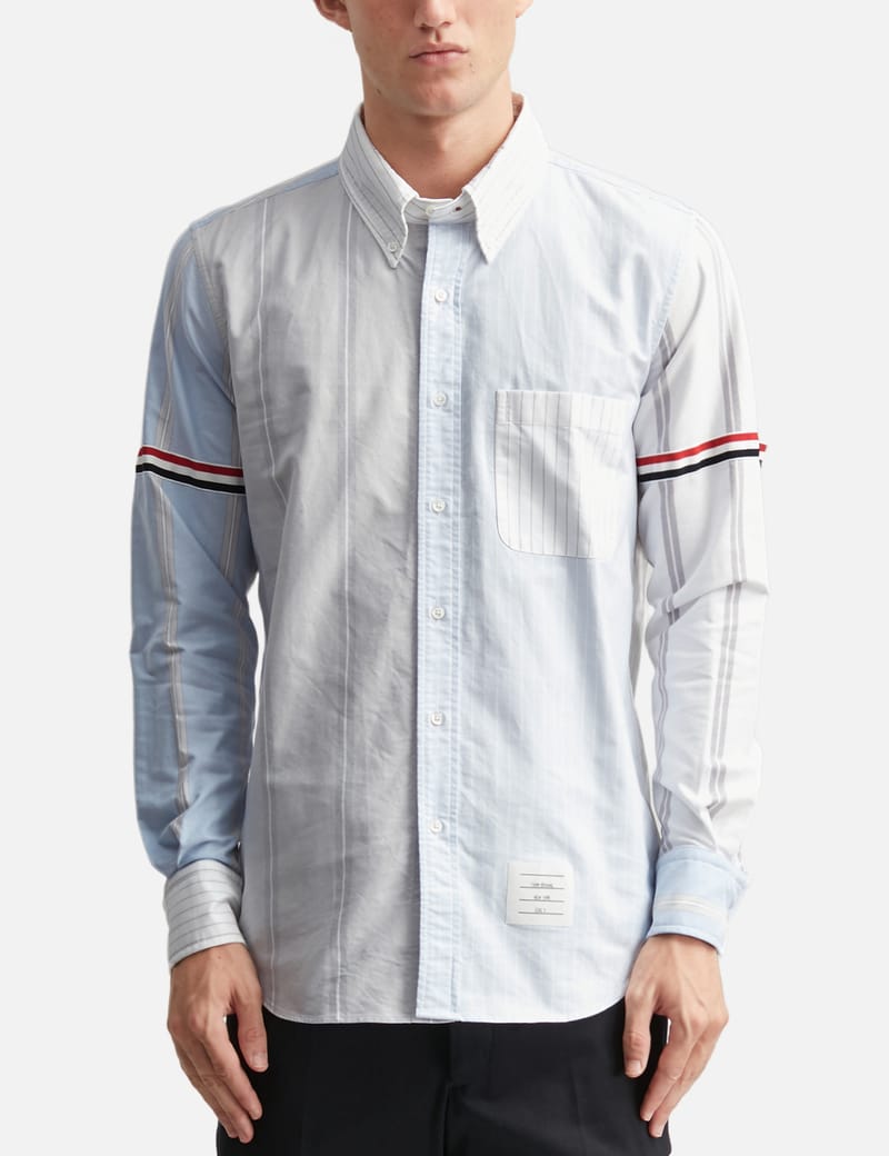 Thom Browne Funmix Shirt With Grosgrain Armbands In Pinstripe