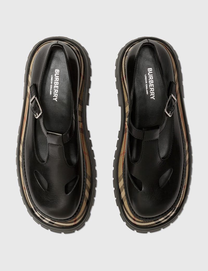 Burberry - Smooth Leather T-Bar Shoes With Check Detail | HBX