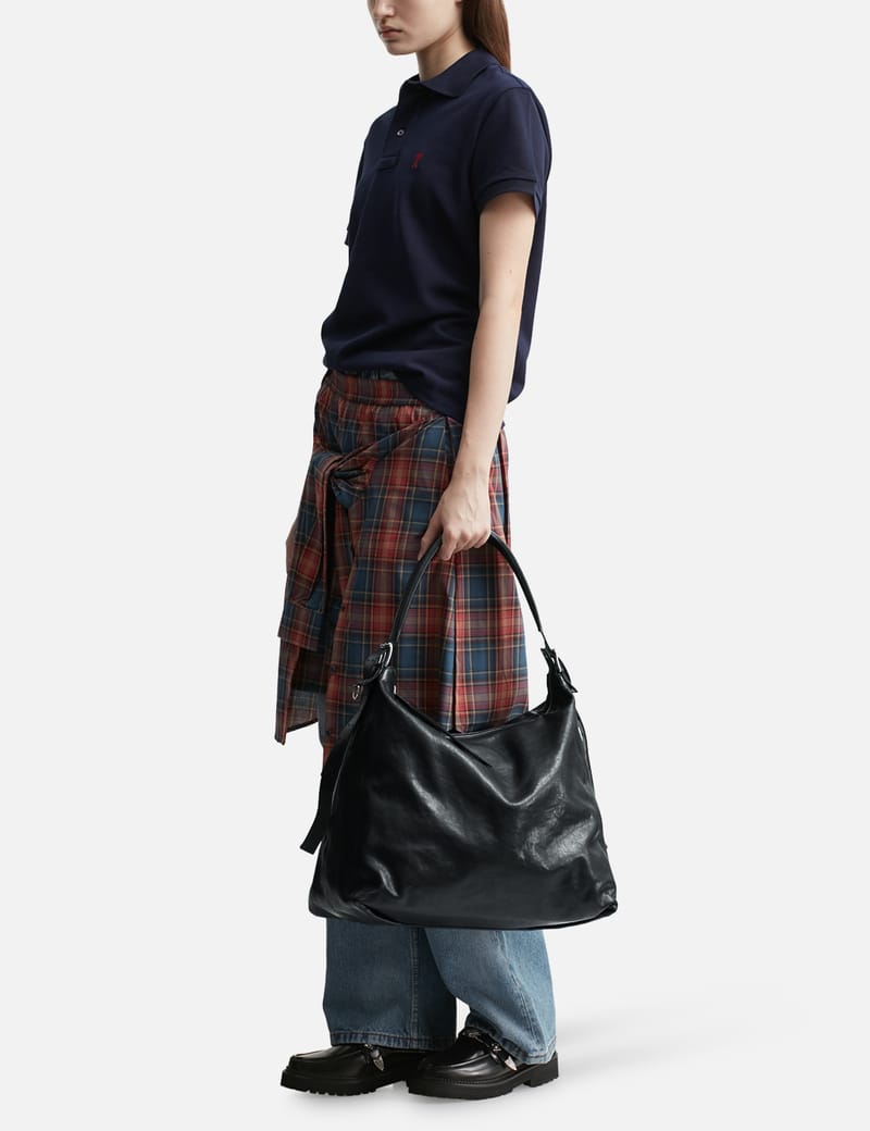 Lemaire Belted Hobo Bag - Dark navy calfskin leather hobo with