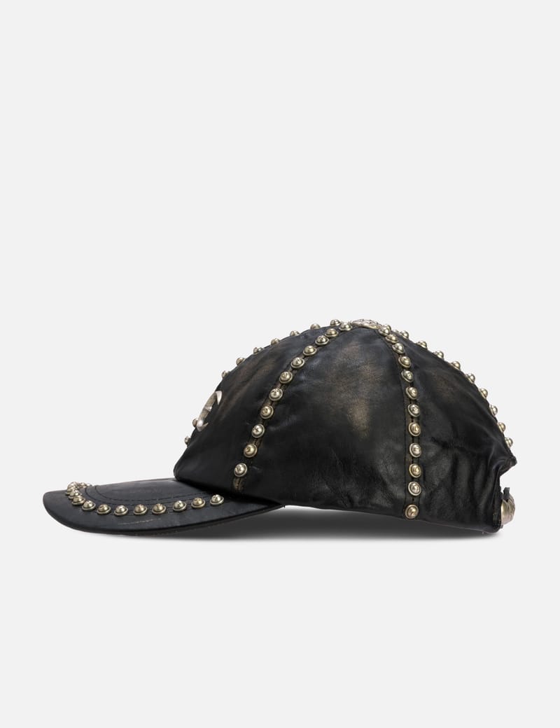 THUG CLUB Studded Washed Leather Cap - Vintage leather, metal logo
