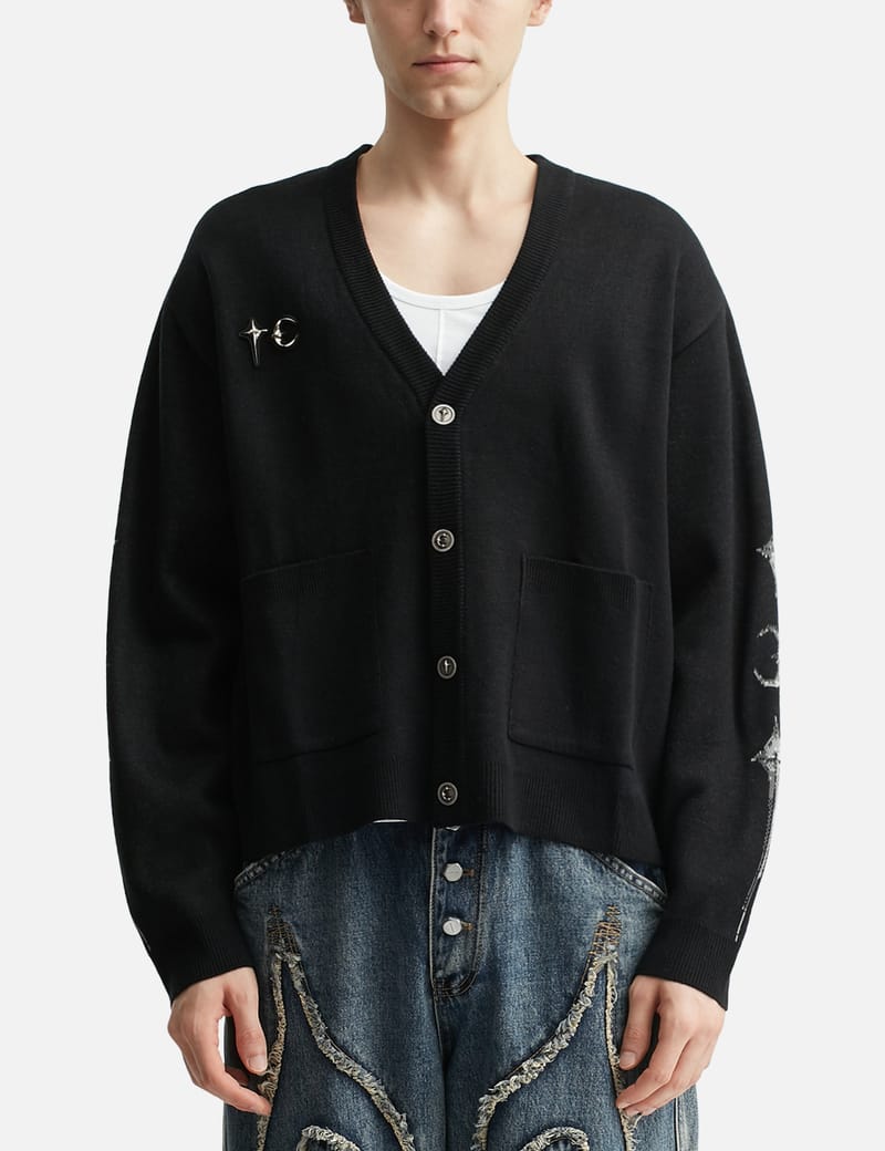 THUGCLUB TC CARDIGAN ブラック THUG CLUB TC Bone Knit Cardigan - Black V-neck knit with bold bone