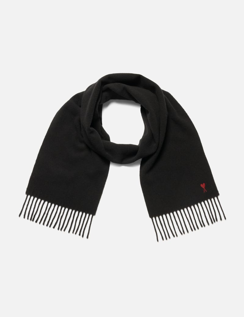 Ami Black Wool Scarf With Ami De Coeur - シグネチャーの赤刺繍が