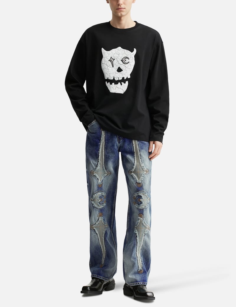 THUG CLUB TC Skull Long-Sleeve - Oversized cotton top with cracked