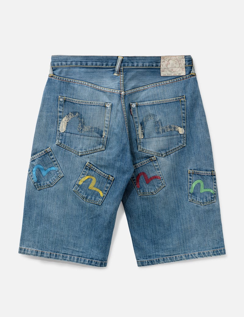 Evisu Multipocket Denim Shorts - Vintage blue denim with multiple