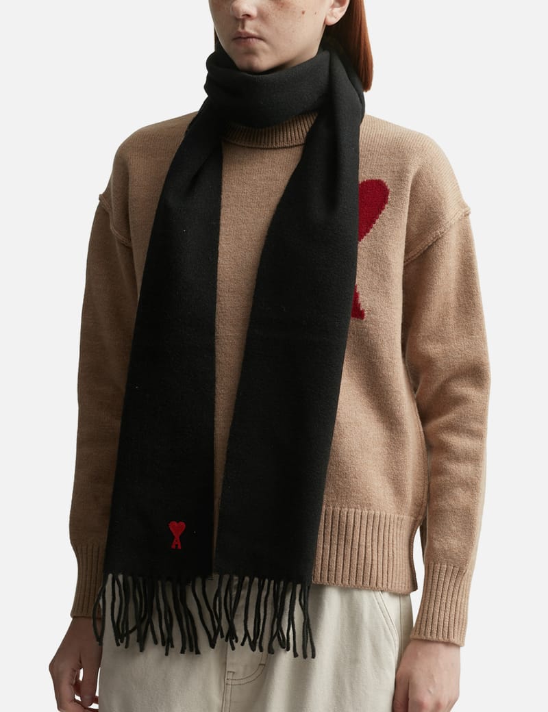 ★AMI PARIS★AMI de Coeur Wool Classic Scarf Black★ BLACK Red Ami de Coeur Scarf | AMI PARIS