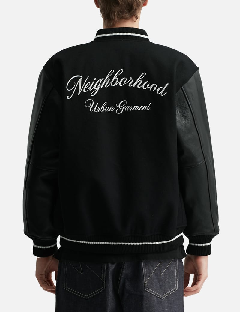 NEIGHBORHOOD Stadium Jacket - 厚手メルトン×牛革スリーブの刺繍入り