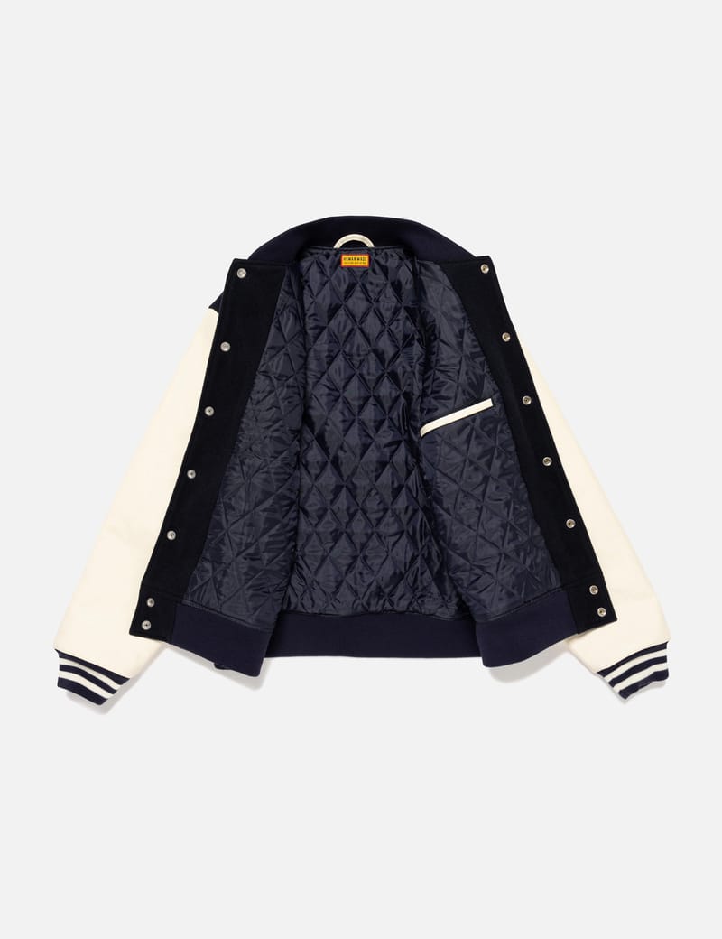 Human Made Varsity Jacket - Navy melton wool with leather sleeves
